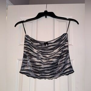 Thirty/Thirty Y2K Sparkly Zebra Print Cami Crop Top with Lace Trim & Bow NWT